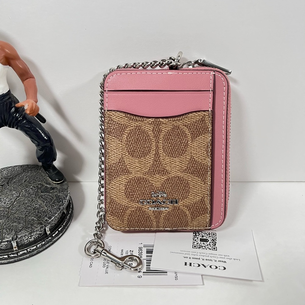 Coach Zip Card Case In Signature Canvas CW883 Tan/Dusty Pink NWT